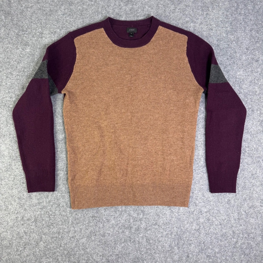 J.Crew Womens Lambswool Colorblock Crewneck Sweater Burgundy Tan Size S